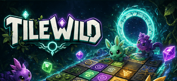 TileWild store feature art with logo, neon portal, creature scouts, and glowing board.