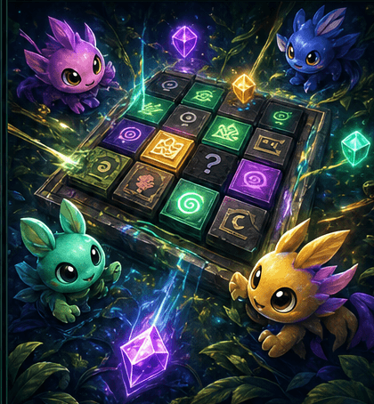 TileWild gameplay promo art with scouts around a glowing board and floating gems.