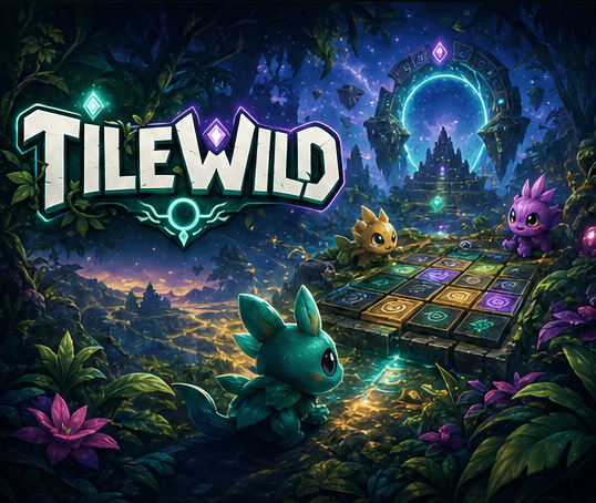 TileWild jungle-world hero art with cute scouts, portal ring, and board path.
